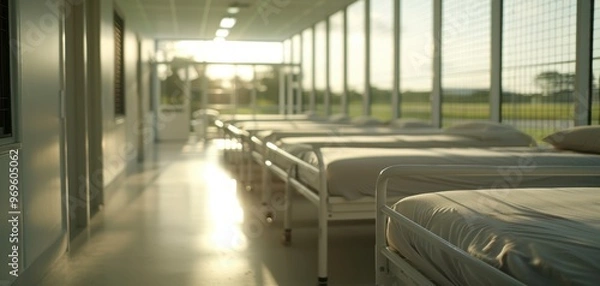 Fototapeta A serene hospital ward bathed in natural light, featuring empty beds and a tranquil atmosphere for recovery and healing.