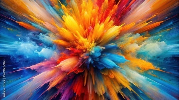 Fototapeta Dynamic abstract artwork showcasing a vibrant explosion of colors, including blue, orange, yellow, and red, vibrant, explosion