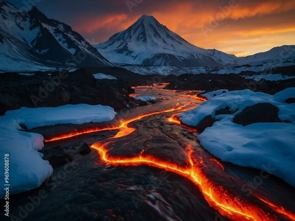 Fototapeta Snow-capped mountains contrasted by a river of glowing lava, intense natural scene.