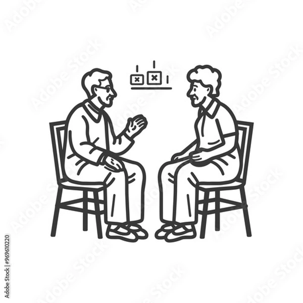 Fototapeta Two Seniors Sitting on Chairs and Talking