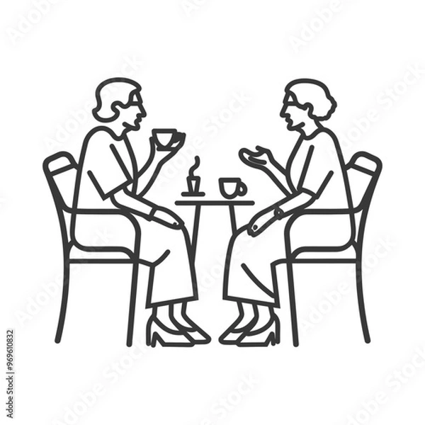 Fototapeta Two Women Sitting at a Table Drinking Coffee and Talking