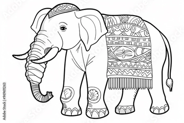 Fototapeta A beautifully illustrated elephant adorned with intricate patterns, showcasing its majestic form in a detailed black and white design.