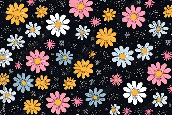 Fototapeta Cute seamless pattern with colorful crayon daisy flowers. 