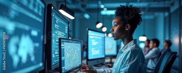 Obraz A focused black woman is coding at her computer, surrounded by multiple screens displaying data and graphics. Colleagues are engaged in their work in a dimly lit tech environment.