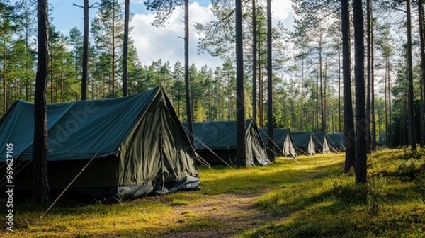 Fototapeta Gray military tents in a sunny pine forest, with bright green grass and blue skies overhead, signaling a calm spring morning.