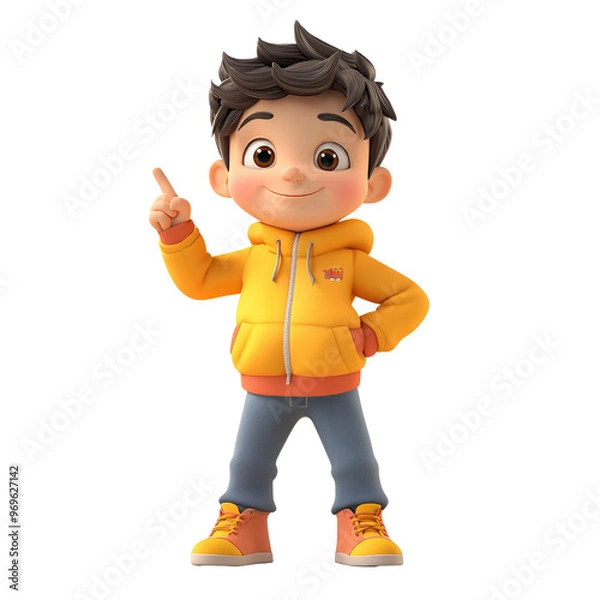 Fototapeta A cheerful cartoon boy in a yellow hoodie, showing a confident pose while smiling. Perfect for fun and playful themes.
