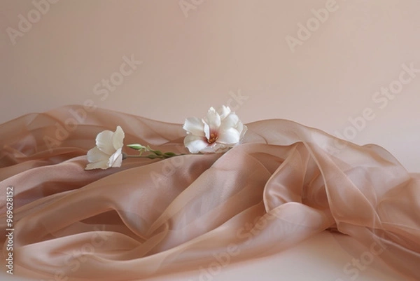 Obraz Flowing sheer peach fabric with delicate white flowers on soft peach background