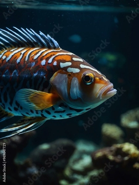 Fototapeta A close-up of an exotic fish gliding through dark aquarium waters, emphasizing its unique patterns and colors.