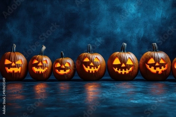 Fototapeta Row of glowing jack-o'-lanterns against dark background