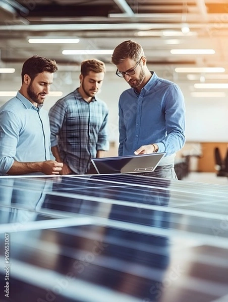 Obraz Businessman providing a consultation on solar panels for a team of coworkers or customers during a meeting in the office. Discussing renewable energy and benefits of solar technology