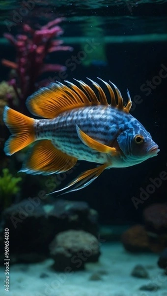 Fototapeta An exotic fish swimming gracefully in a darkened aquarium, captured in a close-up image that highlights its vibrant colors.