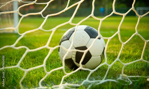 Fototapeta Soccer ball resting on grass behind goal net, symbolizing potential score or near-miss in match