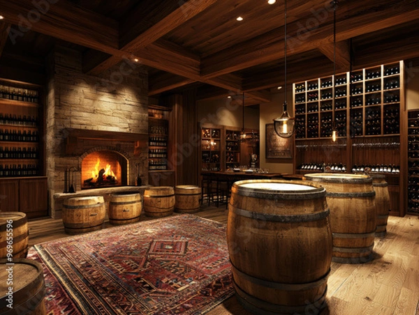 Obraz A cozy wine cellar featuring wooden barrels, warm fireplace, and elegant wine storage. rustic ambiance invites relaxation and enjoyment of fine wines