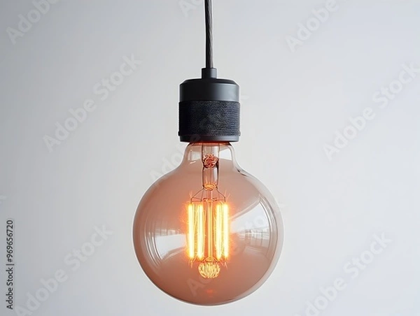 Fototapeta Isolated minimalist pendant light fixture with a warm glowing exposed filament light bulb hanging against a plain white background  Simple industrial style lighting design element for interior decor