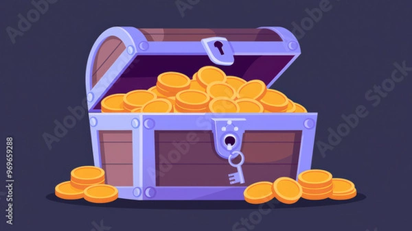 Fototapeta An illustration of a treasure chest filled with gold coins. The chest is made of wood and has an iron lock. There's a key in the lock. The background is dark.