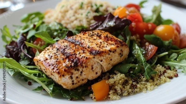 Fototapeta A perfectly balanced meal featuring lean protein, quinoa, and a fresh salad