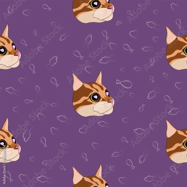 Fototapeta The pattern (infinite picture) of the cat meme is a red cat in love. The illustration is made in pastel colors. The picture conveys a joke, humor, meme, love.