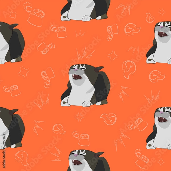 Fototapeta A pattern (infinite picture) of a cat meme - a gray angry cat hissing. The illustration is made in warm colors. The picture conveys a joke, humor, meme, anger, frustration.