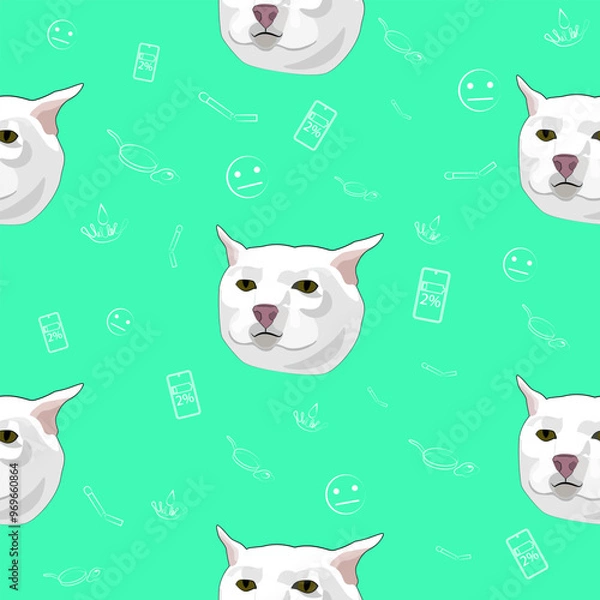 Fototapeta The pattern (endless picture) of the cat meme is a white cat in despair, without emotions. The illustration is made in pastel colors. The picture conveys a joke, humor, meme, despair.