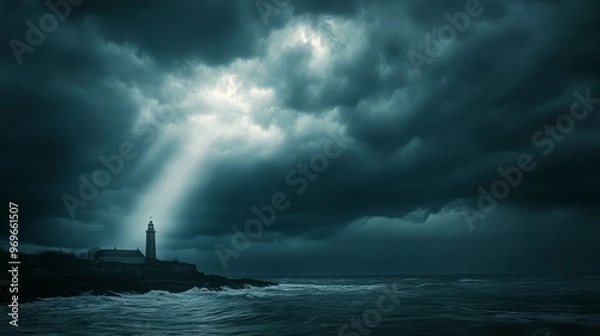 Fototapeta A lighthouse stands tall against storm clouds glowing over crashing waves