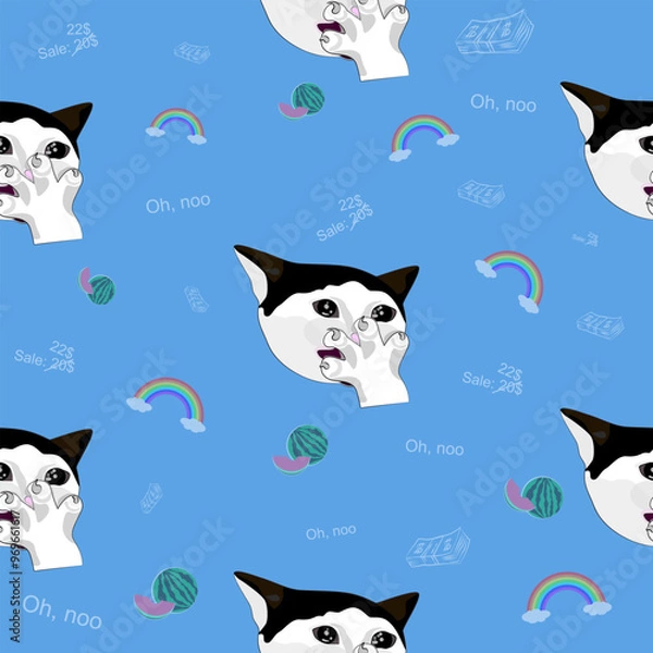 Fototapeta The pattern (infinite picture) of the cat meme is a surprised cat. The illustration is made in pastel cold colours. The picture conveys a joke, humour, meme, surprise, amazement.
