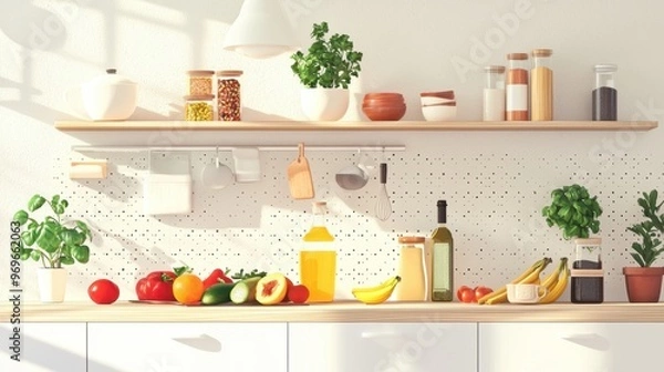 Obraz A clean, minimalist kitchen filled with fresh fruits, vegetables, and healthy cooking tools, 50 keywords