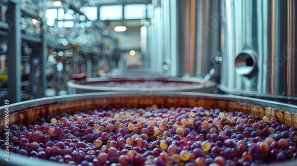 Obraz Close up of grape skins in fermentation, showcasing vibrant colors and textures of grapes in large fermentation tanks. scene captures essence of winemaking and transformation process