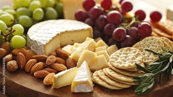 Fototapeta A gourmet cheese board filled with artisan cheeses, crackers, grapes, and nuts, 50 keywords
