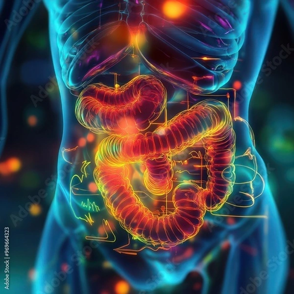 Fototapeta A smooth and flexible digestive system Visually demonstrates improved digestion. The digestive tract should have arrows showing how fast and efficient the process is.