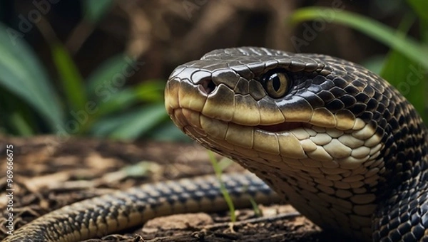 Fototapeta Close-up of cartoon king cobra snake's head, highlighting its detailed features.