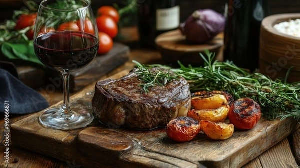 Fototapeta A rustic dinner scene with a steak cooked to perfection, paired with red wine and roasted vegetables