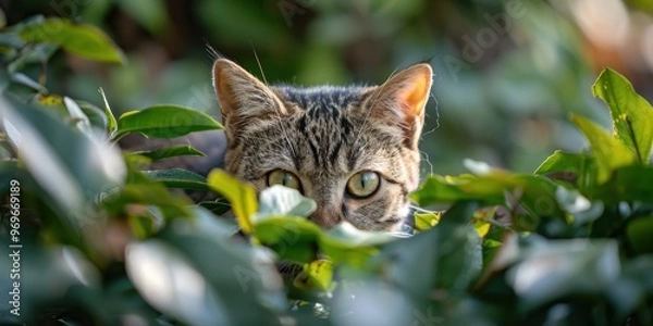 Fototapeta Curious Cat Concealed: Playful feline exploring garden in hide and seek game with ample negative space for text or design elements.