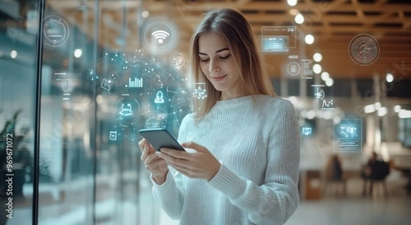 Fototapeta A woman in the office uses a smartphone to interact with various digital symbols and icons. floating around which represents the integration of technology into daily life.