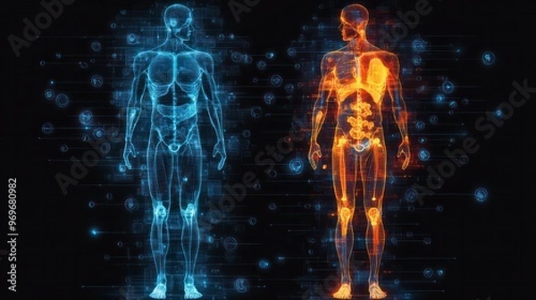 Fototapeta Heatmap of body pain in male and female figures, showing intensity levels of pain across different areas. The heatmap visually distinguishes regions with high and low levels of discomfort