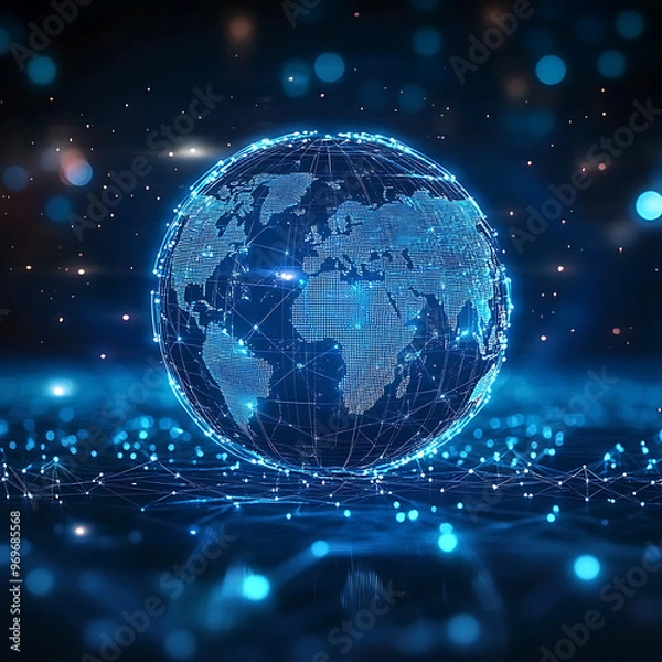 Fototapeta blue hologram globe with world map with glowing data streams, ai global communication networks, virtual reality simulations, geospatial data visualization, and interactive educational experience
