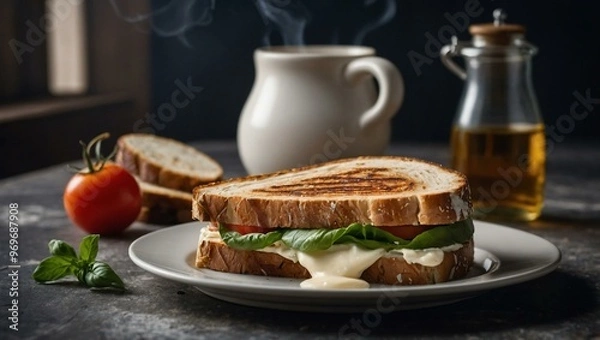 Fototapeta Grilled sandwich with cream cheese, ready for serving.