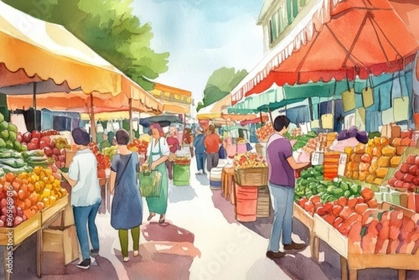Fototapeta Vibrant market scene filled with colorful fruits and vegetables, bustling with shoppers enjoying fresh produce under sunny skies.