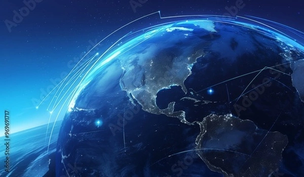 Fototapeta Digital Illustration of Earth with Global Network Connections, Symbolizing International Connectivity and Cross-Border Trading.