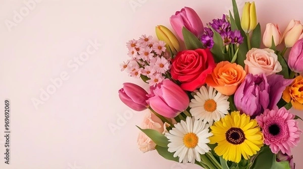 Fototapeta A vibrant bouquet of mixed garden flowers including roses, daisies, and tulips, arranged elegantly on a light solid color background, with ample copy space