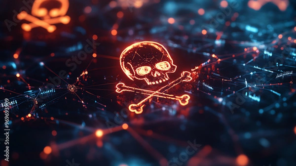 Fototapeta Cloud network diagram with skull and crossbones icons, glowing data lines connecting pirate ships, dark and mysterious, digital piracy network with a rebellious edge