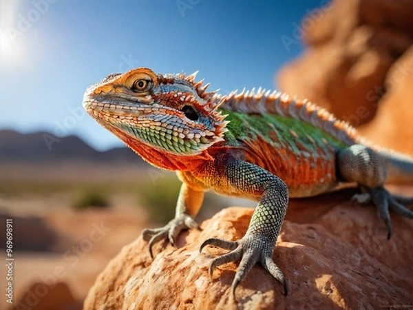 Fototapeta A colorful lizard basks on a sunlit rock in a desert landscape during a clear afternoon
