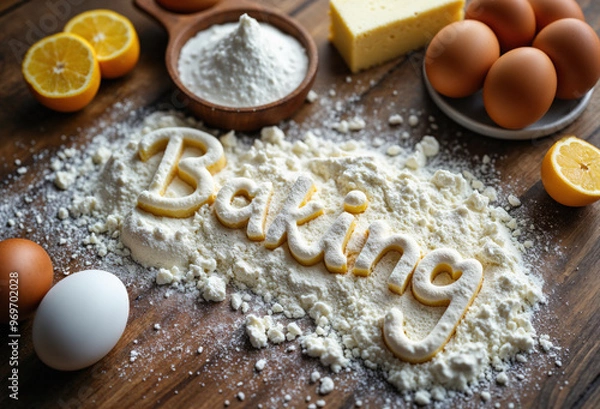 Fototapeta Creative baking concept with ingredients like flour, eggs, and oranges arranged around the word 'Baking' made from dough on a rustic wooden table.