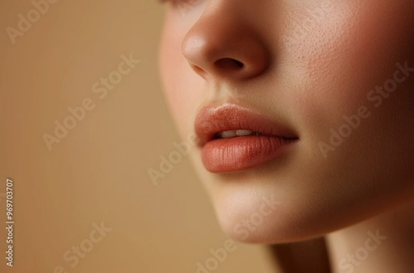 Fototapeta Close-up of a woman's lips, without makeup, isolated on a white background with copy space