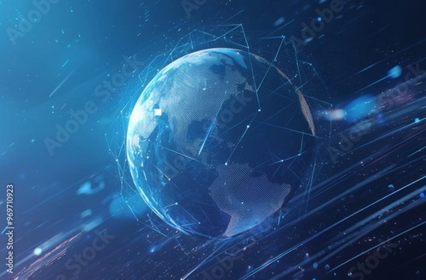 Fototapeta Globe Surrounded by Digital Connections Highlighting Global Connectivity and Data Flow, Symbolizing Cloud Technology with a Dark Background and Blue Earth.