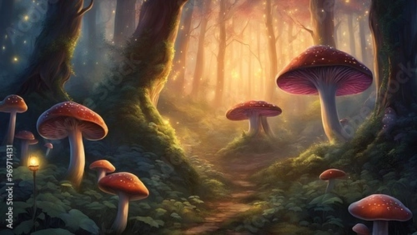 Fototapeta mystical forest, glowing mushrooms, fireflies, enchanted forest, magical scene, glowing mushrooms forest, mystical glow, fantasy forest, luminous mushrooms, fireflies in forest, glowing forest, 