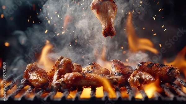 Fototapeta Tender chicken wings are perfectly grilled over an open flame, surrounded by dancing sparks and smoke, making for a mouthwatering summer treat