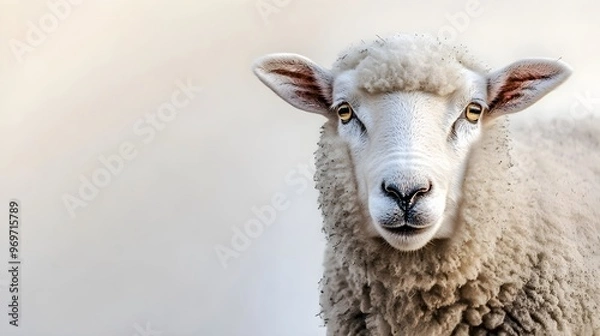 Fototapeta A close-up of a sheep's face, showcasing its soft wool and gentle eyes, against a plain pastel backdrop