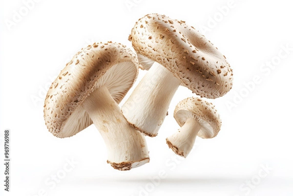 Obraz Champignon Mushrooms in Mid-Flight on a White Surface