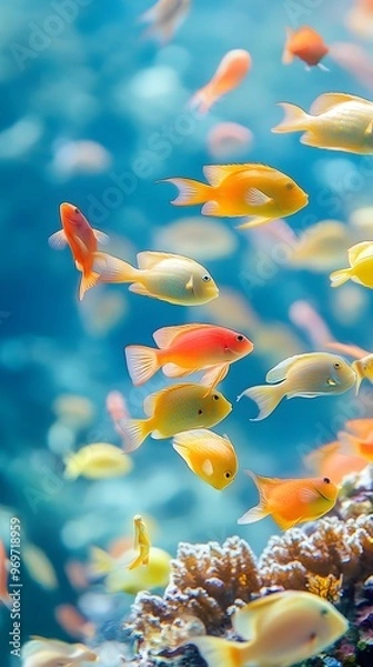 Fototapeta A school of tropical fish in a coral reef, captured in motion, with a soft, light background enhancing their natural beauty