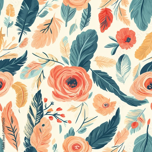 Fototapeta Boho roses and leaves, seamless pattern with flowers, chic digital paper